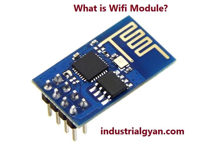 An image of a small rectangular circuit board with electronic components, including a wireless antenna, representing a WiFi module