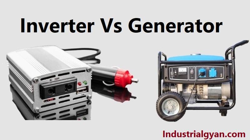 Comparison of Inverter and Generator: A side-by-side view of a compact inverter and a traditional portable generator. The inverter features a sleek, modern design and digital display, while the generator has a more rugged appearance with pull-start and traditional gauges. Both devices are capable of producing electrical power but differ in terms of their efficiency, noise level, and portability.