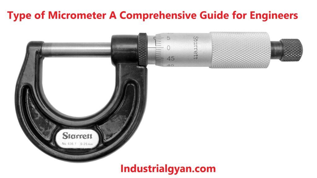 An image of a micrometer with a label that reads 'Type of Micrometer: A Comprehensive Guide for Engineers'. The image is a visual representation of a guide that provides information about different types of micrometers and their usage in engineering